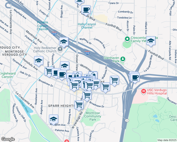 map of restaurants, bars, coffee shops, grocery stores, and more near 2132 Montrose Avenue in La Crescenta-Montrose