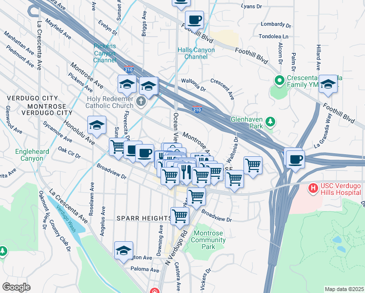 map of restaurants, bars, coffee shops, grocery stores, and more near 2238 Miravista Avenue in La Crescenta-Montrose