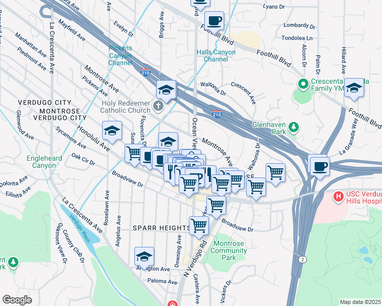 map of restaurants, bars, coffee shops, grocery stores, and more near 2315 Florencita Drive West in La Crescenta-Montrose