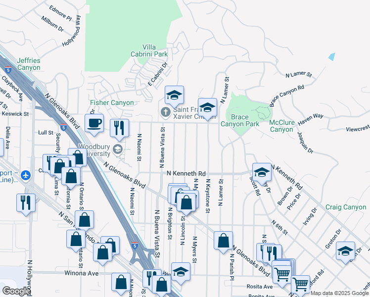 map of restaurants, bars, coffee shops, grocery stores, and more near 2838 North Lincoln Street in Burbank