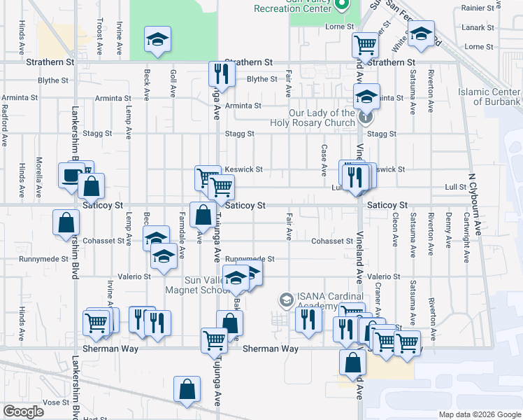 map of restaurants, bars, coffee shops, grocery stores, and more near 11300 Covello Street in Los Angeles