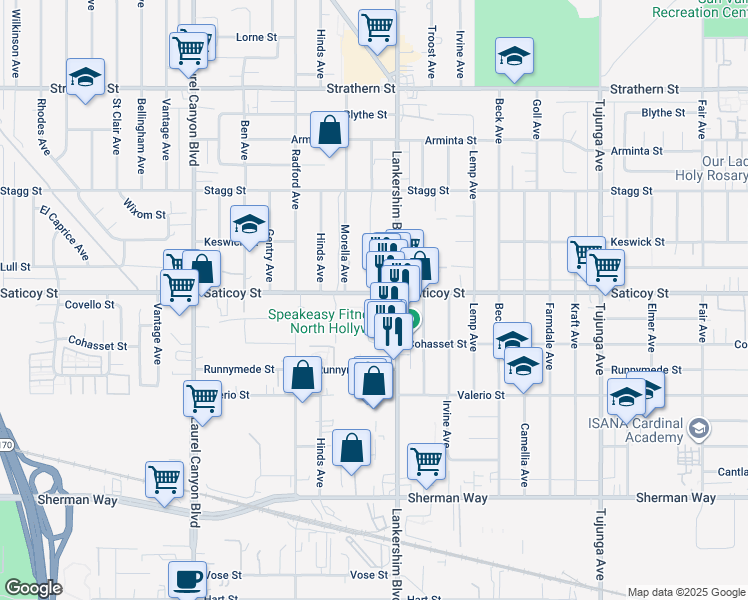 map of restaurants, bars, coffee shops, grocery stores, and more near 7526 Simpson Avenue in Los Angeles