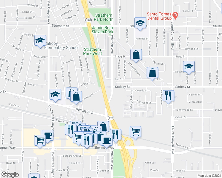map of restaurants, bars, coffee shops, grocery stores, and more near 7545 Whitsett Avenue in Los Angeles
