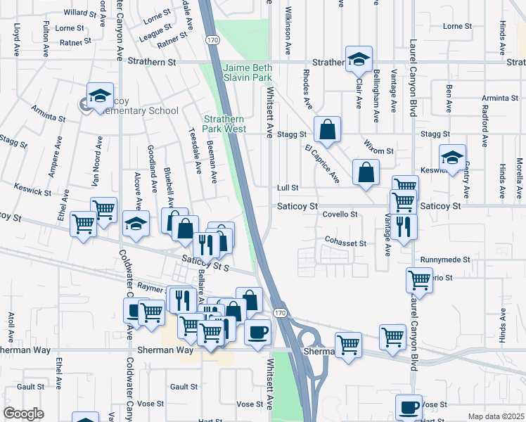 map of restaurants, bars, coffee shops, grocery stores, and more near 7545 Whitsett Avenue in Los Angeles