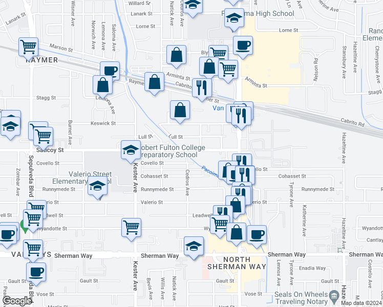 map of restaurants, bars, coffee shops, grocery stores, and more near 14714 Covello Street in Los Angeles