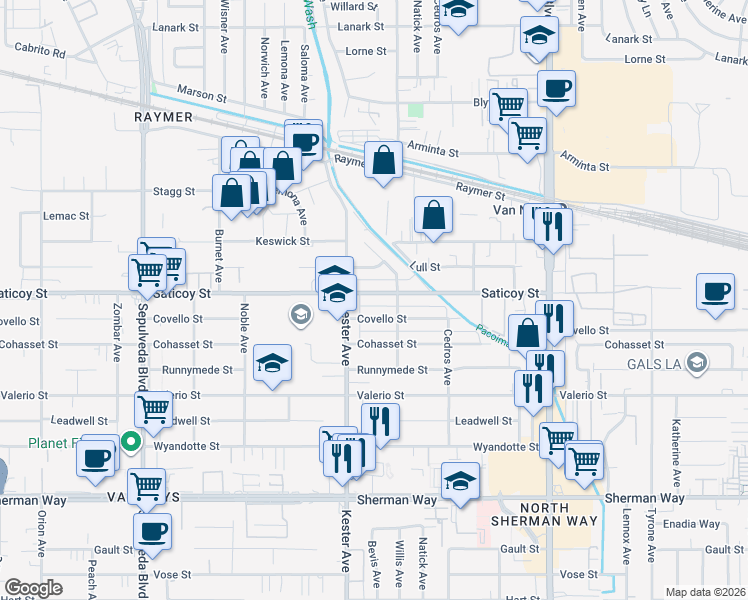 map of restaurants, bars, coffee shops, grocery stores, and more near 14830 Covello Street in Los Angeles