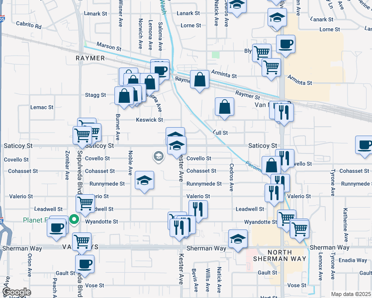map of restaurants, bars, coffee shops, grocery stores, and more near 14830 Covello Street in Los Angeles