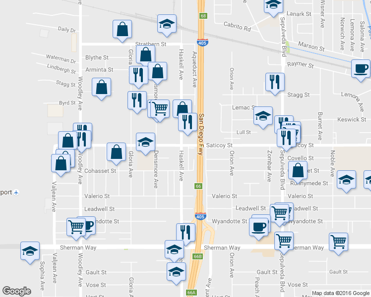 map of restaurants, bars, coffee shops, grocery stores, and more near 7524 Haskell Avenue in Los Angeles