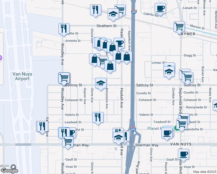 map of restaurants, bars, coffee shops, grocery stores, and more near 15800 Saticoy Street in Los Angeles