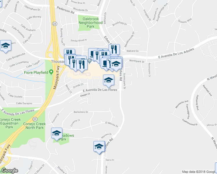 map of restaurants, bars, coffee shops, grocery stores, and more near 1980 East Avenida De Las Flores in Thousand Oaks