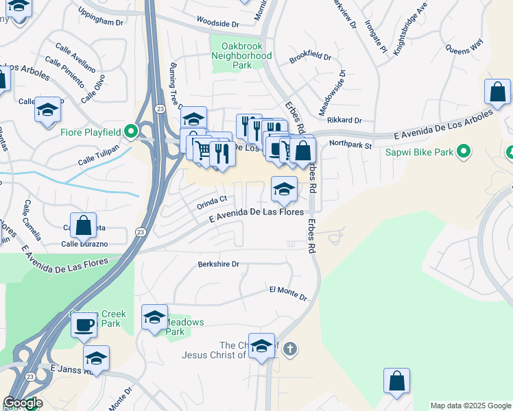 map of restaurants, bars, coffee shops, grocery stores, and more near 1832 East Avenida De Las Flores in Thousand Oaks