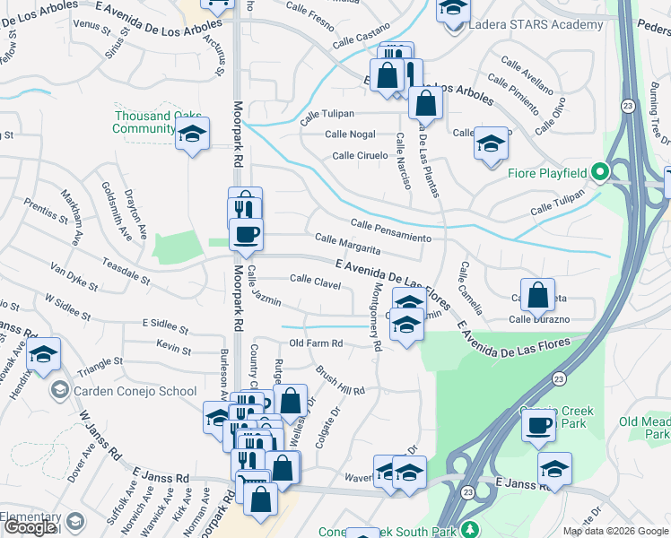 map of restaurants, bars, coffee shops, grocery stores, and more near 891 Calle Clavel in Thousand Oaks
