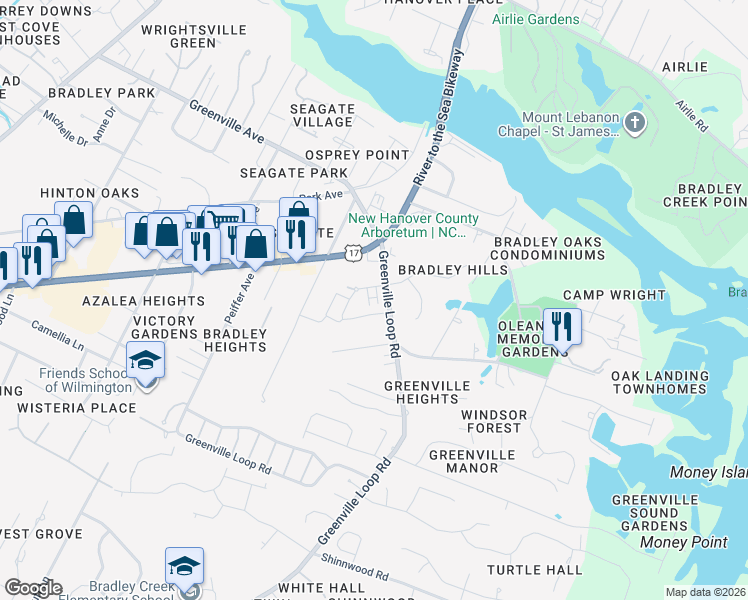 map of restaurants, bars, coffee shops, grocery stores, and more near 6817-6819 Greenville Loop Road in Wilmington