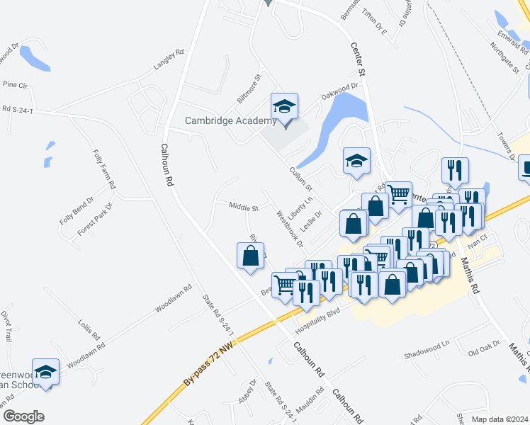 map of restaurants, bars, coffee shops, grocery stores, and more near 1642 Rivers Street in Greenwood