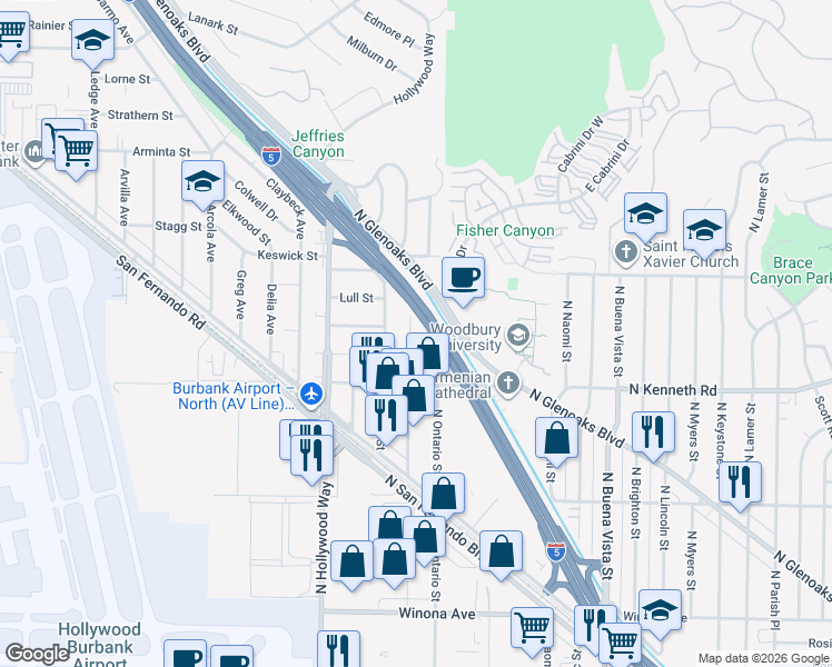 map of restaurants, bars, coffee shops, grocery stores, and more near 7552 Bloomington Avenue in Burbank