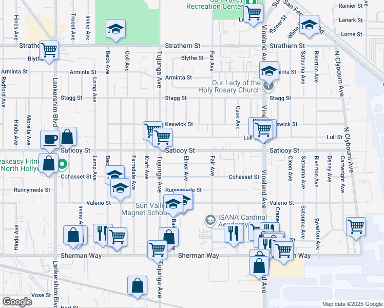 map of restaurants, bars, coffee shops, grocery stores, and more near 11246 Saticoy Street in Los Angeles