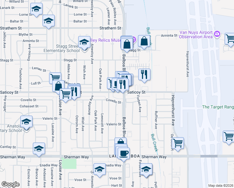 map of restaurants, bars, coffee shops, grocery stores, and more near 16901 Covello Street in Los Angeles