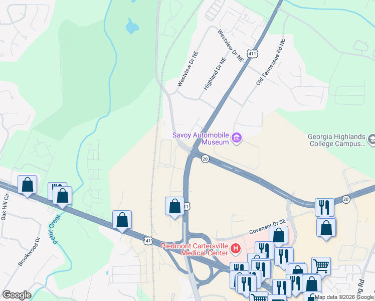 map of restaurants, bars, coffee shops, grocery stores, and more near 84 Peeples Valley Road Southeast in Cartersville