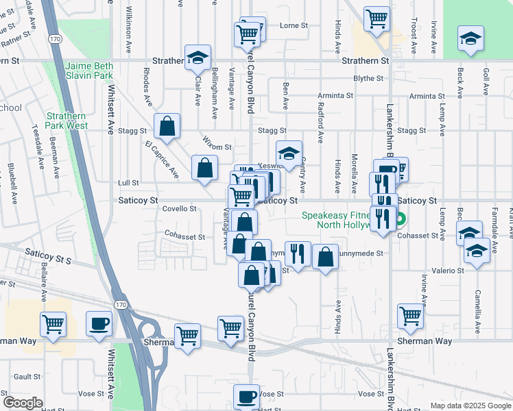 map of restaurants, bars, coffee shops, grocery stores, and more near 7537 Laurel Canyon Boulevard in Los Angeles