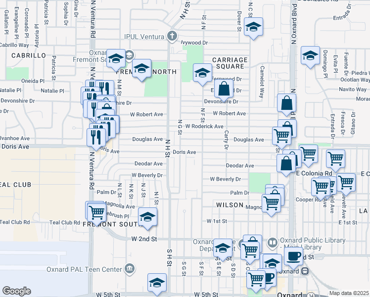 map of restaurants, bars, coffee shops, grocery stores, and more near 767 Doris Avenue in Oxnard