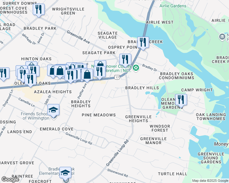 map of restaurants, bars, coffee shops, grocery stores, and more near 6025 Richard Bradley Drive in Wilmington