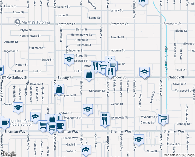 map of restaurants, bars, coffee shops, grocery stores, and more near 7538 Calvin Avenue in Los Angeles