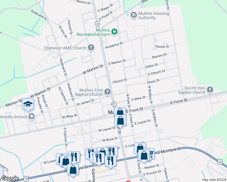 map of restaurants, bars, coffee shops, grocery stores, and more near W James St in Mullins