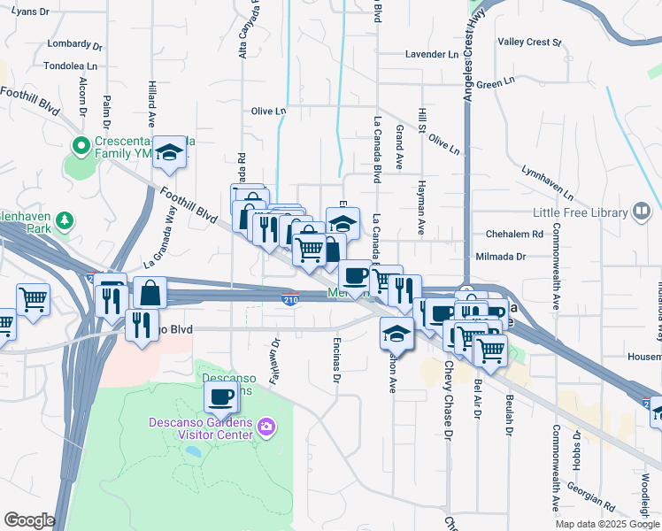 map of restaurants, bars, coffee shops, grocery stores, and more near 1308 Salisbury Road in La Cañada Flintridge