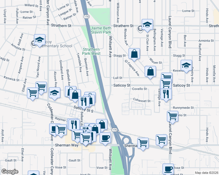 map of restaurants, bars, coffee shops, grocery stores, and more near 7559 Whitsett Avenue in Los Angeles