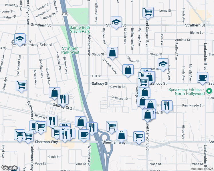 map of restaurants, bars, coffee shops, grocery stores, and more near 12353 Covello Street in Los Angeles