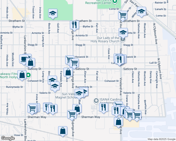 map of restaurants, bars, coffee shops, grocery stores, and more near 11246 Saticoy Street in Los Angeles