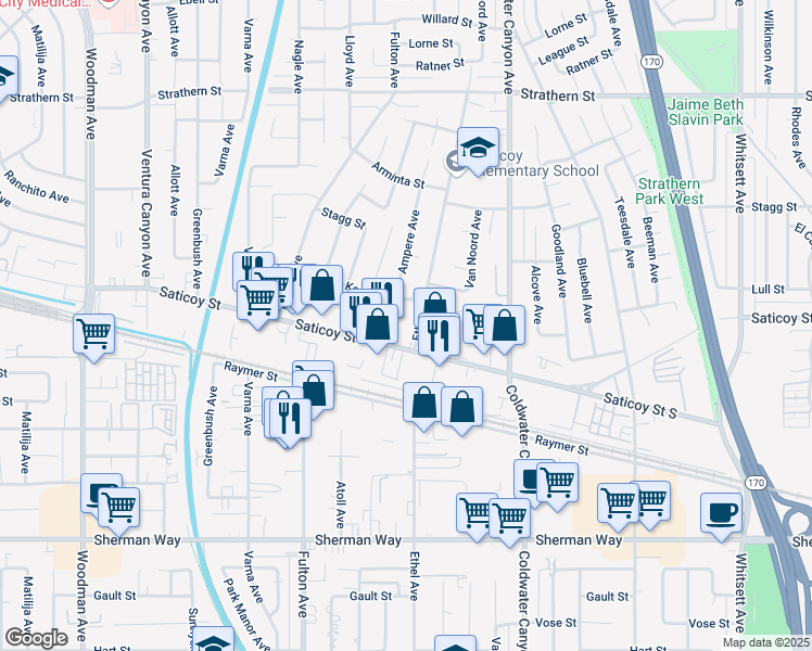map of restaurants, bars, coffee shops, grocery stores, and more near 13120 Saticoy St in North Hollywood