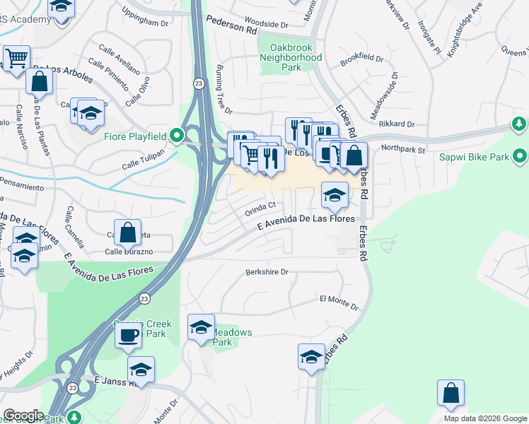 map of restaurants, bars, coffee shops, grocery stores, and more near 1806 Orinda Court in Thousand Oaks