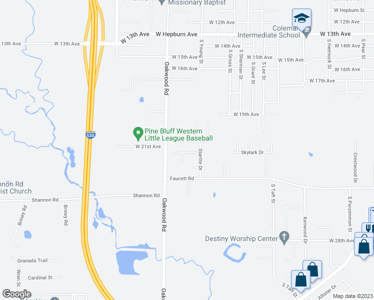map of restaurants, bars, coffee shops, grocery stores, and more near 5309 Leawood Drive in Pine Bluff