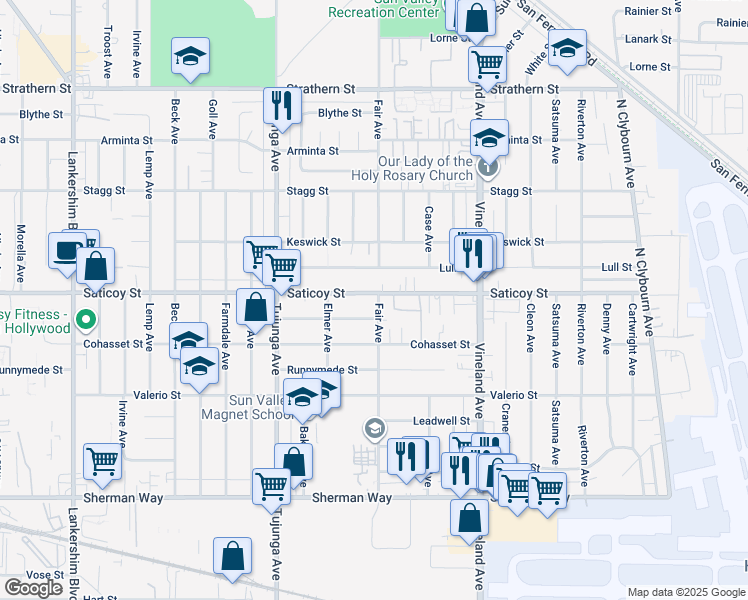 map of restaurants, bars, coffee shops, grocery stores, and more near 11200 Saticoy Street in Los Angeles