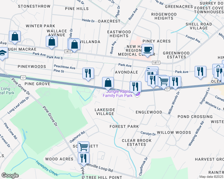 map of restaurants, bars, coffee shops, grocery stores, and more near Oleander Dr & S 52nd St in Wilmington