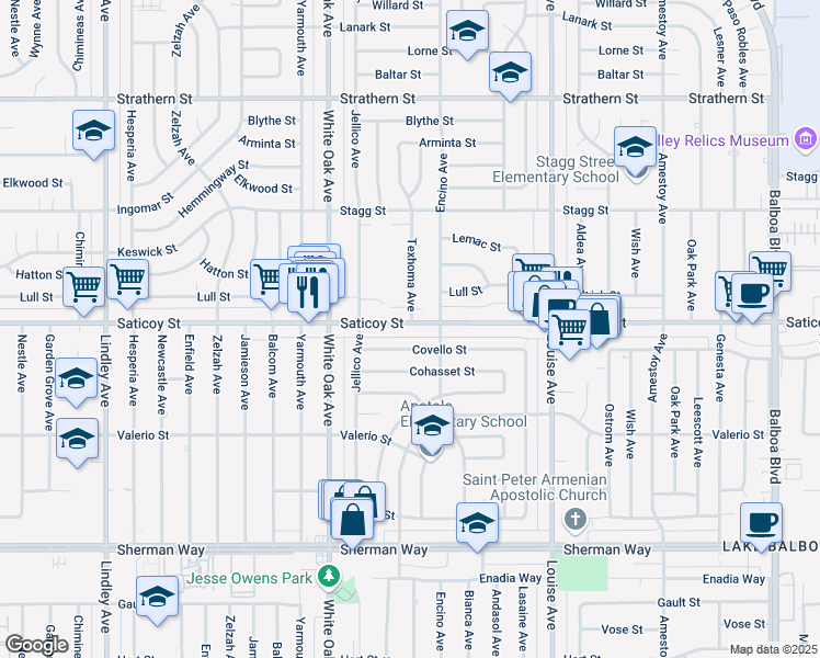 map of restaurants, bars, coffee shops, grocery stores, and more near 17530 Saticoy Street in Los Angeles