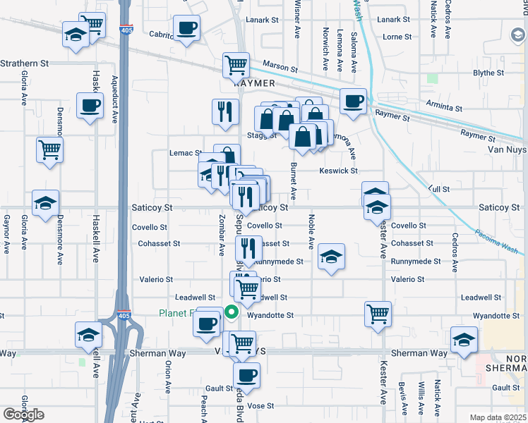 map of restaurants, bars, coffee shops, grocery stores, and more near 15220 Saticoy Street in Los Angeles