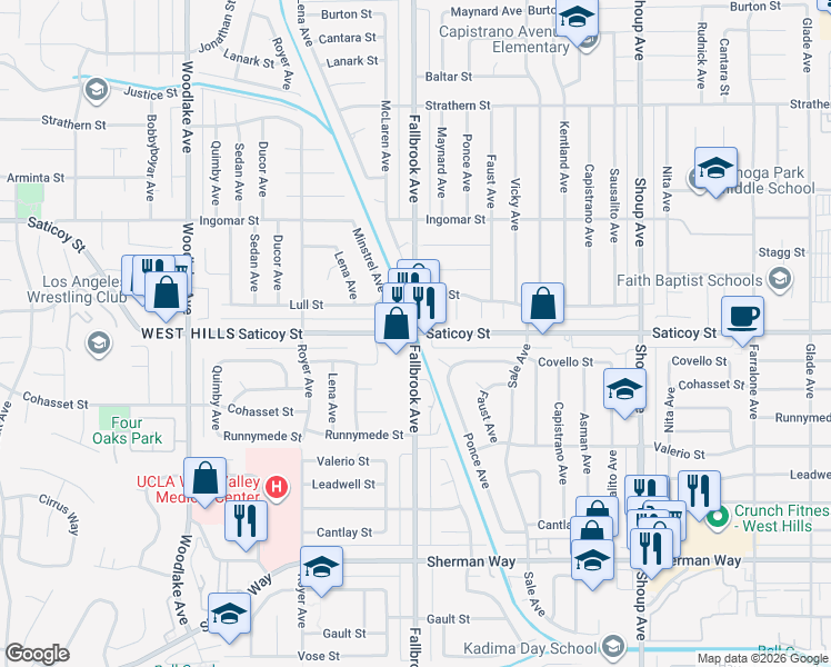 map of restaurants, bars, coffee shops, grocery stores, and more near Saticoy St & Fallbrook Ave in West Hills