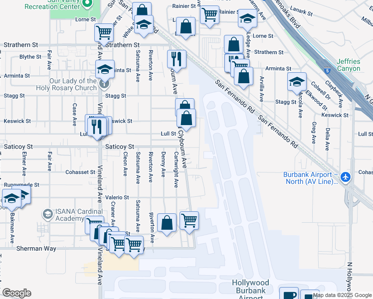 map of restaurants, bars, coffee shops, grocery stores, and more near 7554 Clybourn Avenue in Los Angeles