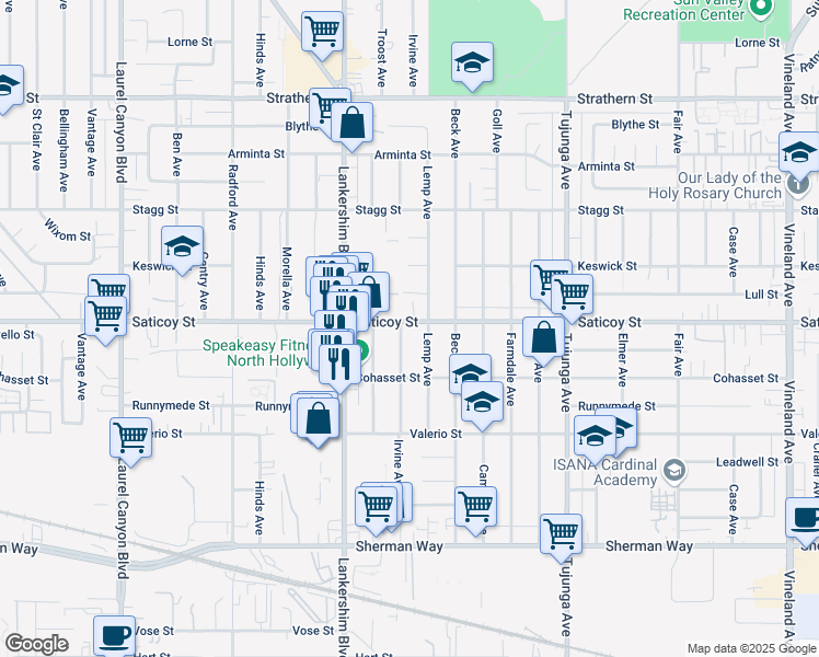 map of restaurants, bars, coffee shops, grocery stores, and more near 7560 Irvine Avenue in Los Angeles