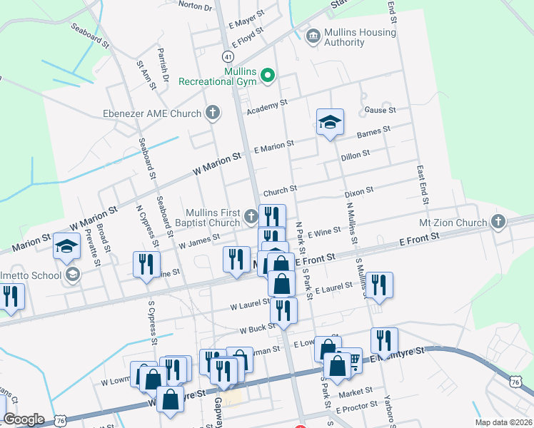 map of restaurants, bars, coffee shops, grocery stores, and more near 313-399 North Main Street in Mullins