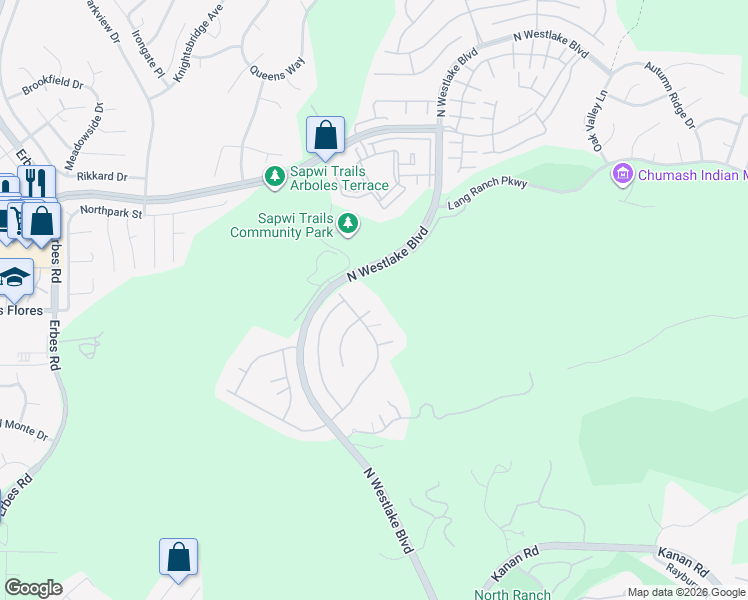 map of restaurants, bars, coffee shops, grocery stores, and more near 2179 Waterside Circle in Westlake Village