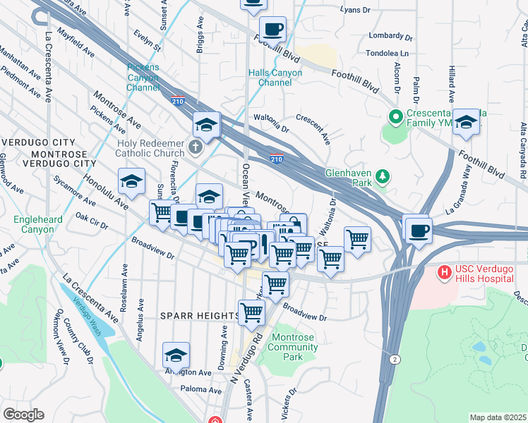 map of restaurants, bars, coffee shops, grocery stores, and more near 2235 Miravista Avenue in La Crescenta-Montrose