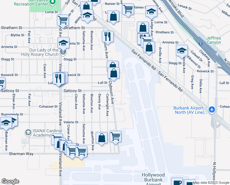 map of restaurants, bars, coffee shops, grocery stores, and more near 7554 Clybourn Avenue in Los Angeles