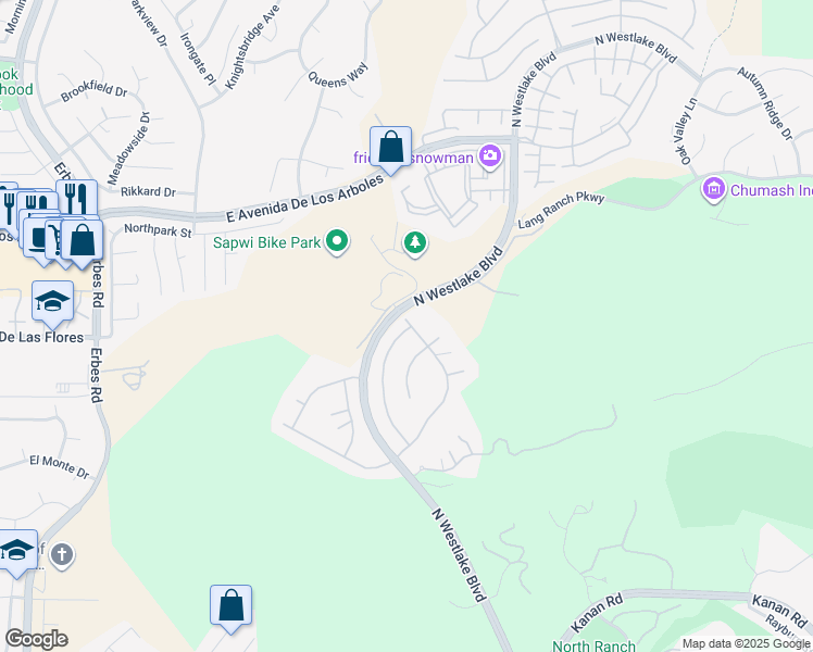 map of restaurants, bars, coffee shops, grocery stores, and more near 2894 Rainfield Avenue in Westlake Village