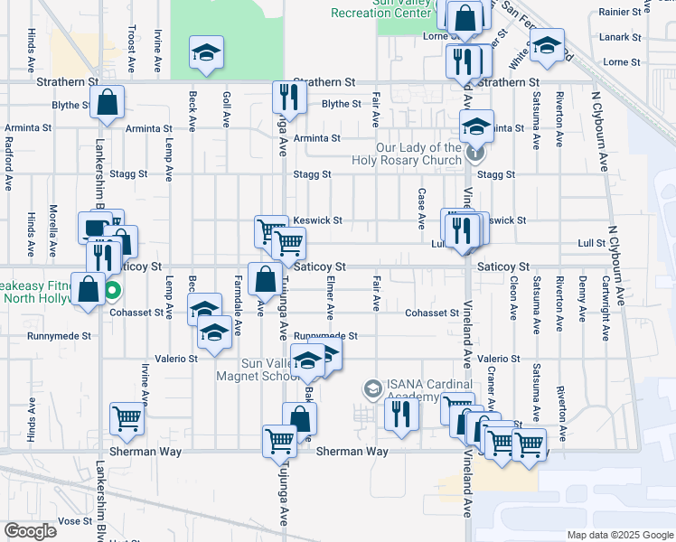 map of restaurants, bars, coffee shops, grocery stores, and more near 11250 Saticoy Street in Los Angeles