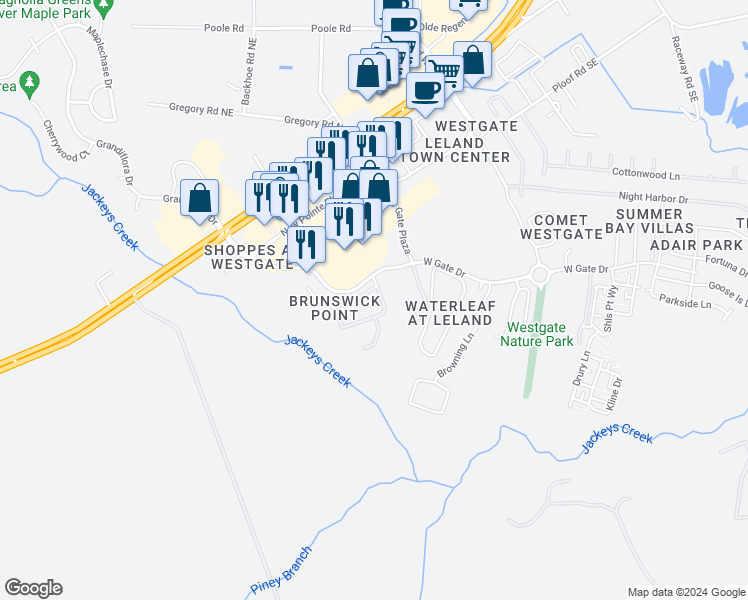 map of restaurants, bars, coffee shops, grocery stores, and more near 1222 Maple Tree Drive in Leland