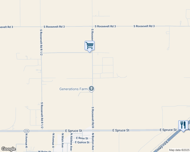 map of restaurants, bars, coffee shops, grocery stores, and more near 347 South Roosevelt Road R in Portales