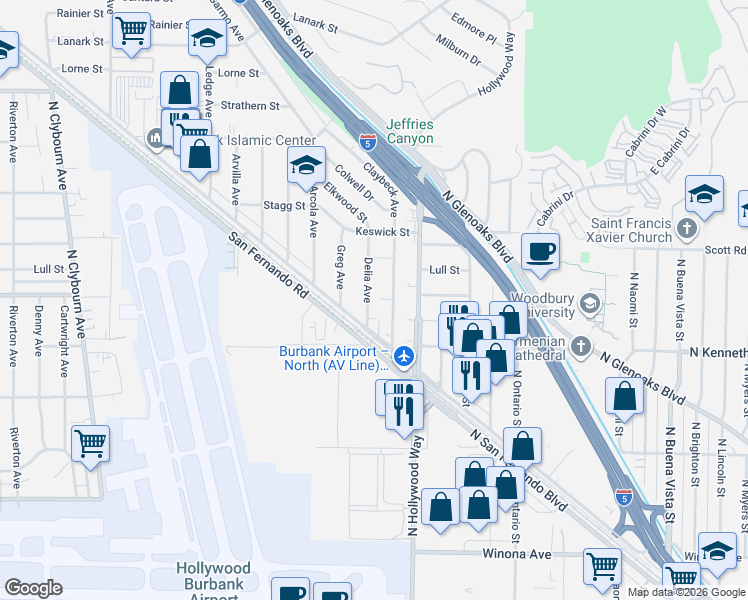 map of restaurants, bars, coffee shops, grocery stores, and more near 7558 Delia Avenue in Los Angeles